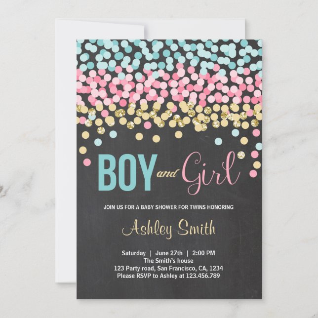 Twins Invitación Baby Shower Chica de niño azul ro (Anverso)