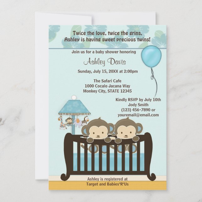 TWINS Monkey Baby Shower Invitación a la cuna BLUE (Anverso)