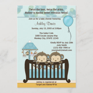 TWINS Monkey Baby Shower Invitación a la cuna BLUE