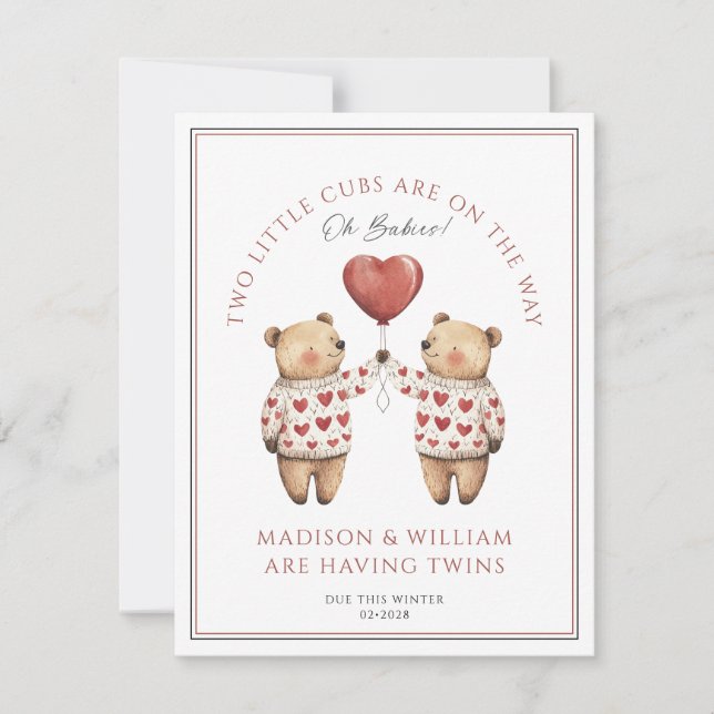 Twins Teddy Bears Invitación de Embarazo Invierno (Anverso)