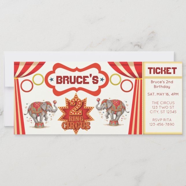 Two Ring Circus, 2nd Birthday Ticket Invitation (Anverso)