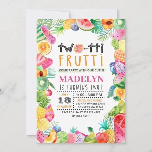 Twotti Frutti embroma la invitación del cumpleaños (Anverso)