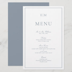 Typografía moderna Menú Boda de monograma azul tur