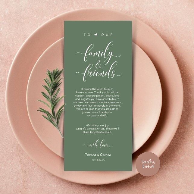 Ubicación boda Gracias A La Moderna Tarjeta Clásic (Modern Classy Wedding Dinner Place Setting Thank You Card, in Forest Sage Green)