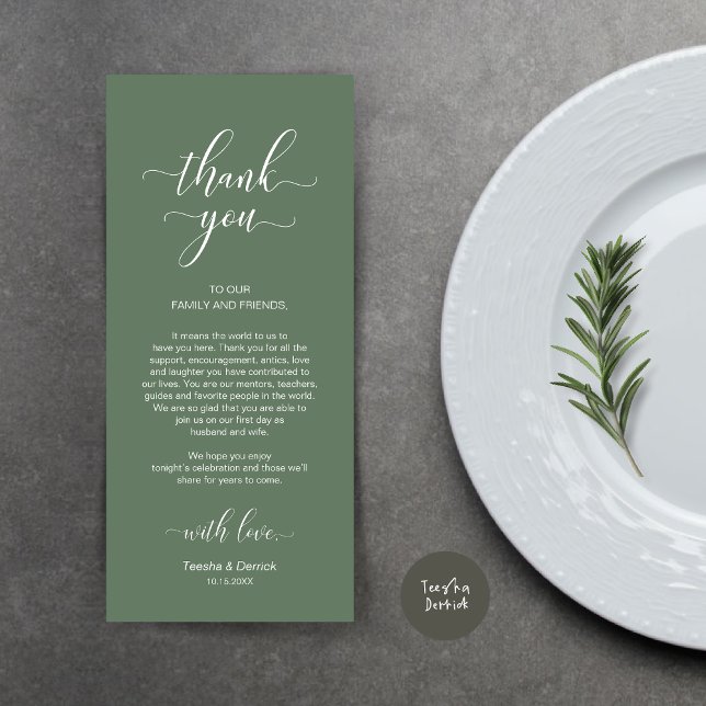 Ubicación Gracias, Elegante Tarjeta Verde Sage (Wedding Dinner Place Setting Thank You Card, Modern Classy Design, Forest Sage Green)