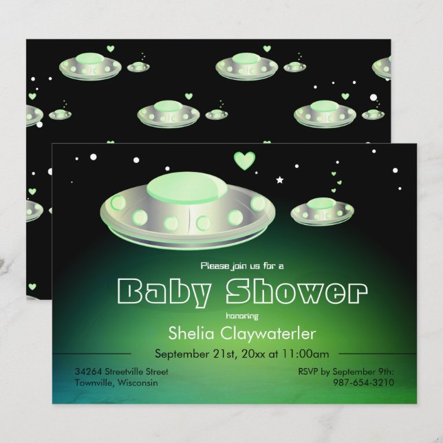 UFO y tarjeta del verde el | Baby Shower del UFO (Anverso / Reverso)