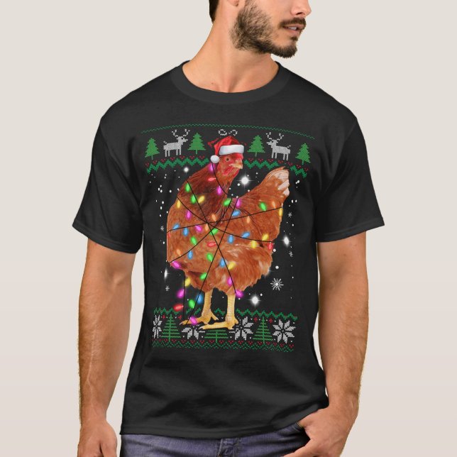 Ugly Christmas Chicken Santa Hat Lights Sweater  (Anverso)