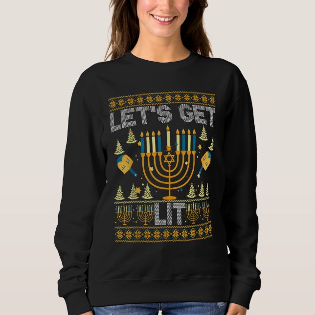 Ugly Hanukkah Sweater  Let's Get Lit Drinking Tee (Anverso)
