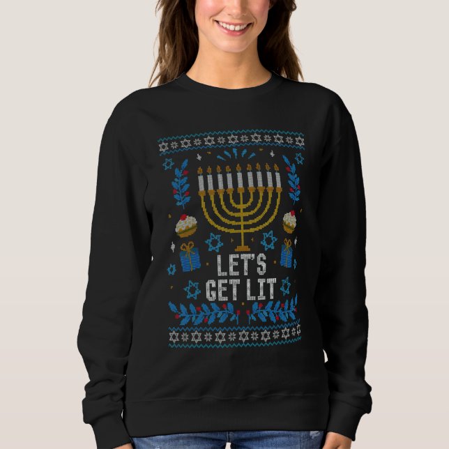 Ugly Hanukkah Sweater Lets Get Lit Menorah Men Wom (Anverso)