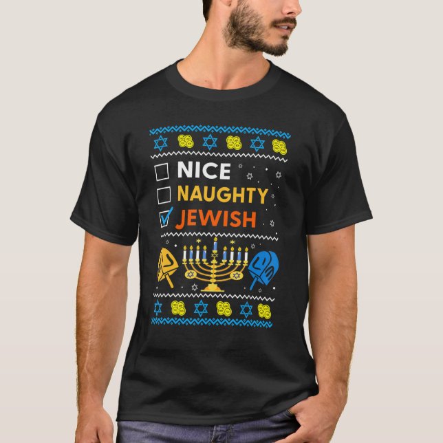 Ugly Hanukkah Sweater Nice Naughty Jewish Kids Gir (Anverso)