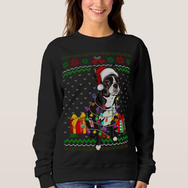 Ugly Sweater Christmas Lights Boston Terrier Dog L (Anverso)