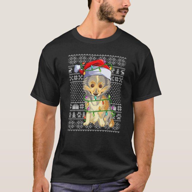 Ugly Sweater Style Xmas Lights Santa Sheltie Dog C (Anverso)