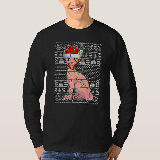 Ugly Sweater Style Xmas Lights Santa Sphynx Cat Ch (Anverso)