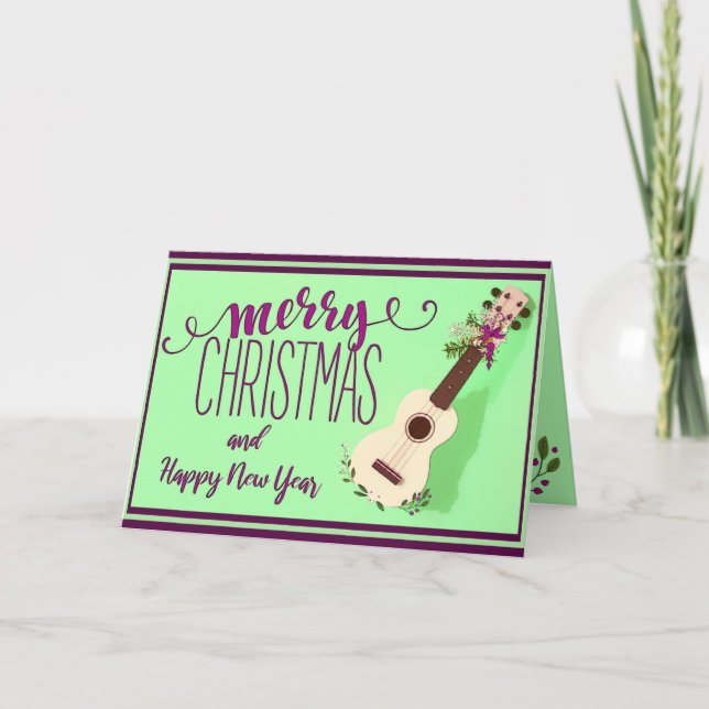 Ukulele Feliz Navidad y feliz tarjeta de Año Nuevo (Anverso)
