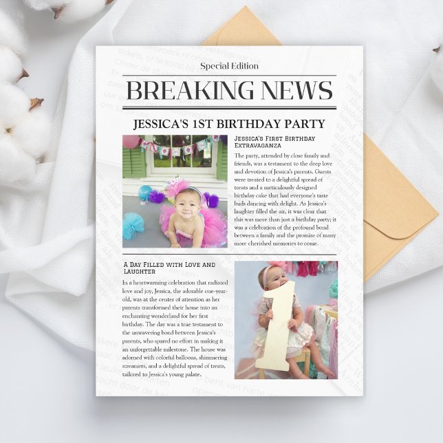 Última hora Invitación de cumpleaños primera posta (Breaking News Front Page Newspaper 1st Birthday Announcement Postcard)