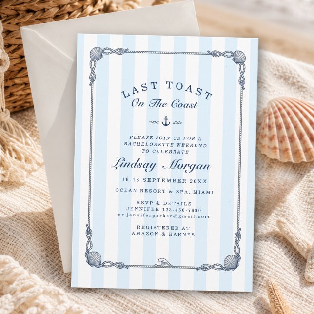 ¡Último brindis en la costa! Invitación de despedi (Last Toast on the Coast! Bachelorette Stripe Invitation)