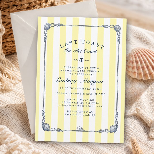 ¡Último brindis en la costa! Invitación de despedi (Last Toast on the Coast! Bachelorette Stripe Invitation)