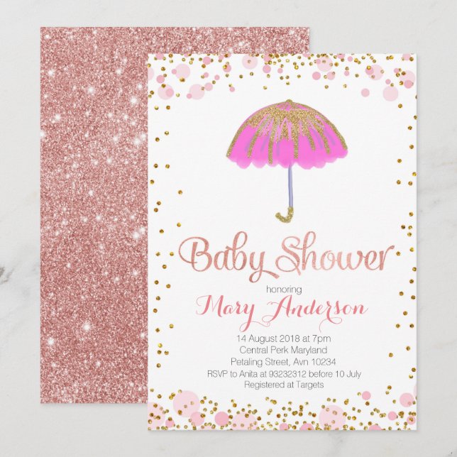 Umbrella Baby Shower Invitación Purpurina de oro P (Anverso / Reverso)