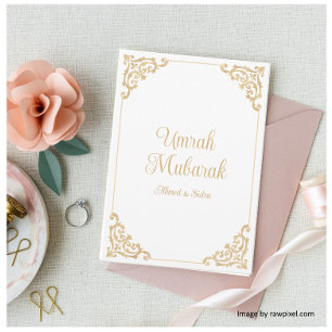 Umrah Mubarak Barra de Oro Blanco Barroco Tarjeta 