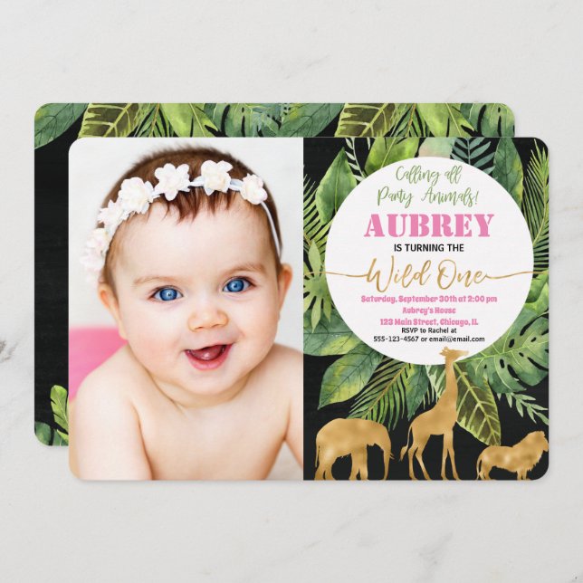 Un 1r safari salvaje de la invitación de la foto (Anverso / Reverso)