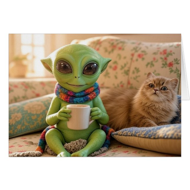Un adorable alienígena y mascota gato café en el s (Anverso (Horizontal))
