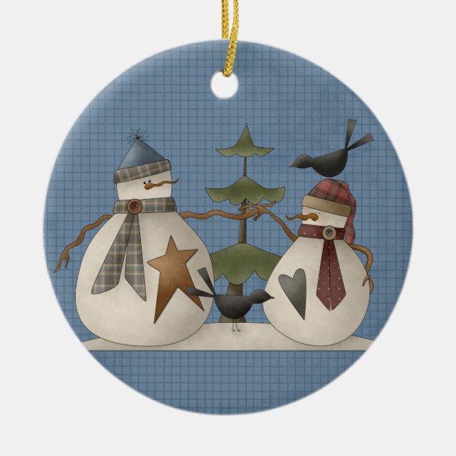 Un adorno navideño de cerámica de pareja de nieve (Frente)