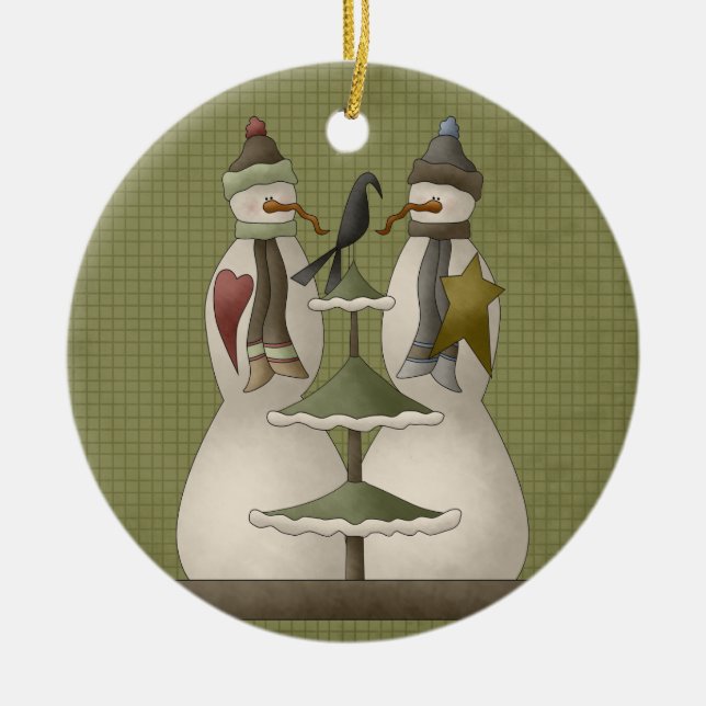 Un adorno navideño de cerámica de pareja de nieve (Frente)