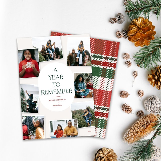 Un Año Para Recordar 8 Foto Collage Navidad (A year to remember. 8 photo collage Holiday card design on white background with pine xmas decor)