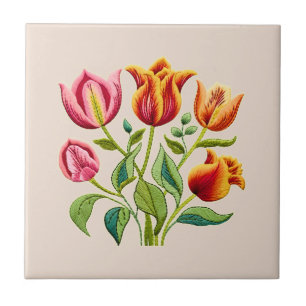 Un azulejo de cerámica de un ramo de tulipanes roj