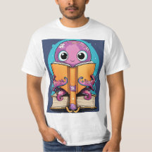Un burdo pulpo kawaii leyendo dos camisetas de lib