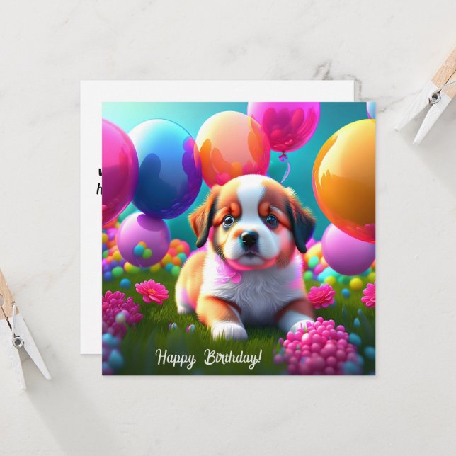 Un cachorro lindo con globos - cumpleaños (Anverso/Reverso In Situ)