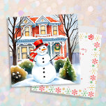 Un caprichoso y caprichoso hombre de nieve en los<br><div class="desc">Tarjeta de Navidad tradicional personalizada. Un bonito ilustracion acuático de un muñeco de nieve frente a una casa victoriana suburbana en un barrio acogedor y agradable.</div>