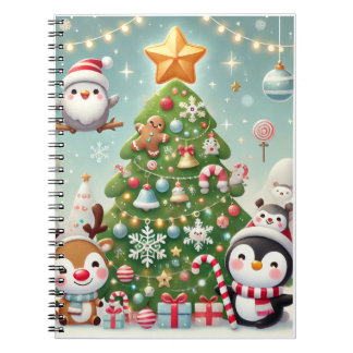 un cuaderno con un árbol de Navidad y un personaje