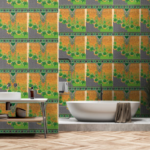 un diseño de una pared colgada de verde y amarillo