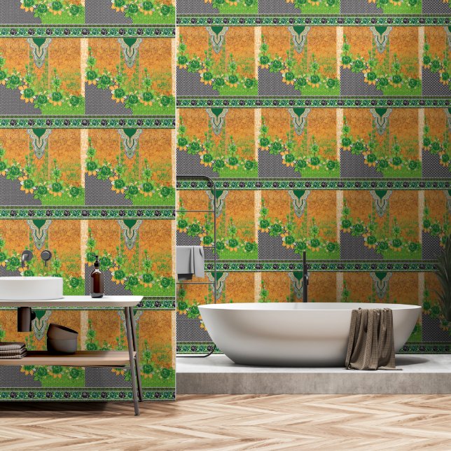 un diseño de una pared colgada de verde y amarillo (Baño)