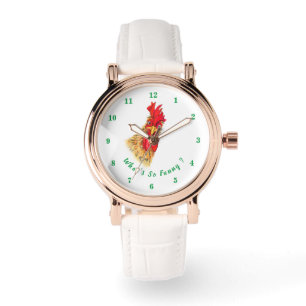 Un divertido reloj con un gallo sorprendido