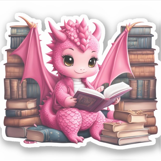 Un dragón rosa leyendo pegatina (Anverso)
