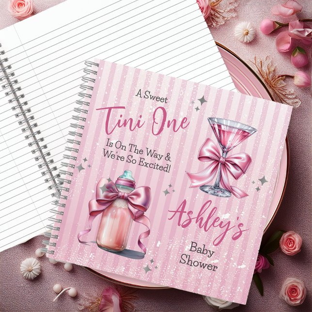 Un dulce libro de invitados de Baby Shower de One  ("A Sweet Tini One Is On the Way . . ." Coquette Bows Martini | Bottle Girl Baby Shower Guest Book)
