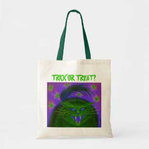 Un gato asustado verde: '¿Truco o trato?', bolsa d