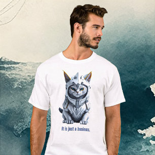 Un gato blanco serio en una camiseta blindada
