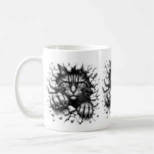 Un gato enfurecido en 3D con dos tazas de café de 