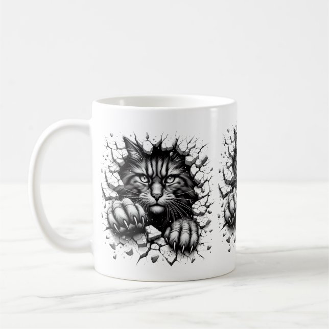 Un gato enfurecido en 3D con dos tazas de café de  (Izquierda)