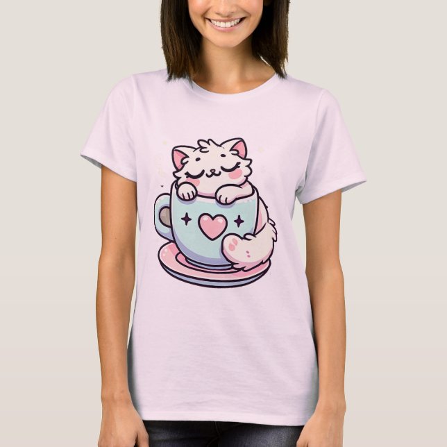 Un gato kawaii lindo en una camiseta de moda en te (Anverso)