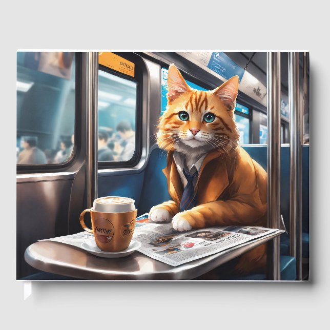 Un gato lindo con un libro de café y periódico (Anverso)
