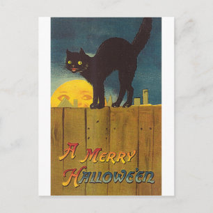 Un gato negro vintage en una tarjeta de Halloween 