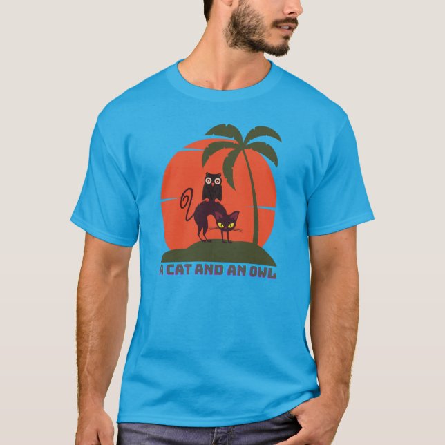 Un gato y una camiseta con puesta de sol de búho (Anverso)
