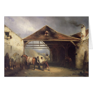 Un herrador que calza un caballo