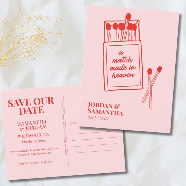 Un juego hecho en el cielo salva la tarjeta postal (A Match Made in Heaven Save the Date Postcard
)