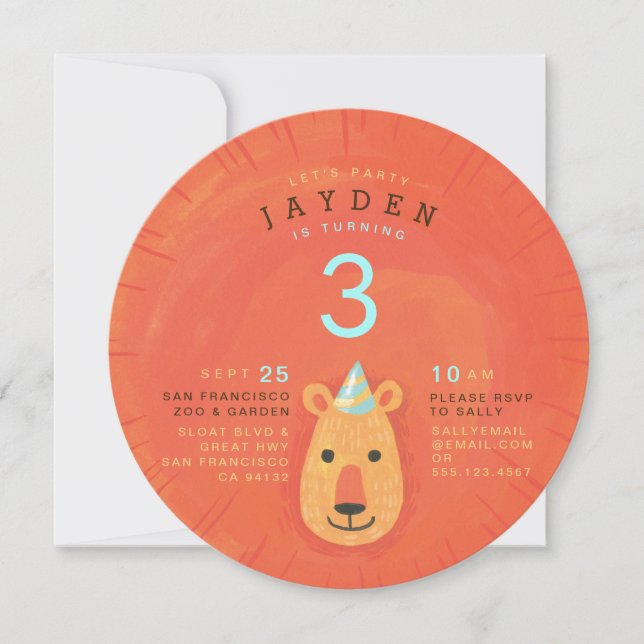 Un león lindo ilustró la invitación a la fiesta de (Anverso)