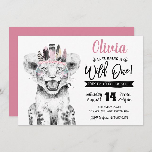 Un león salvaje | Chica 1a invitación de cumpleaño (Anverso / Reverso)